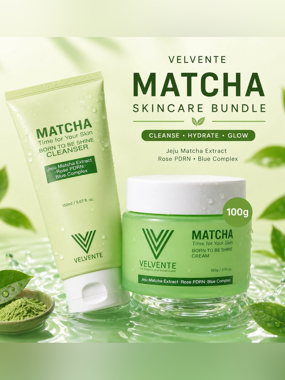 Velvente Matcha Skincare Bundle Cleanser 150ml & Shine Cream 100g New Sealed